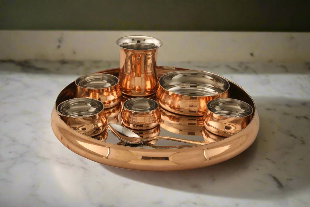 Curved Thali Set 8 Pcs. Steel Copper