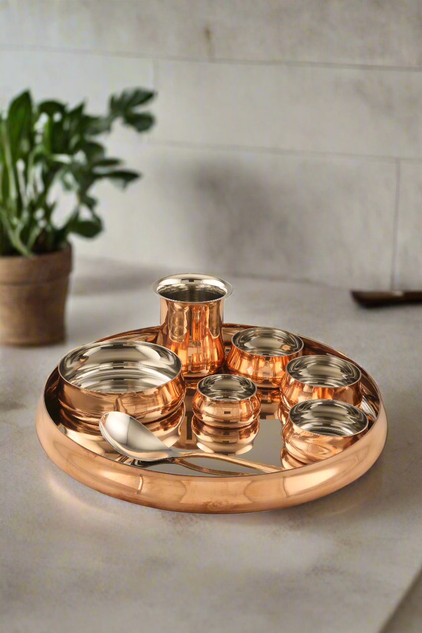 Curved Thali Set 8 Pcs. Steel Copper